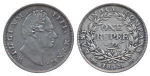 William IV, Silver Rupee, 1835, Calcutta Mint, F raised, A / I, Two leaves, 19 Berries, (P
