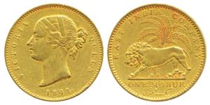 Victoria Queen, Gold Mohur, 11.58g, 1841, Divided legend, WW incused on truncation, cross 