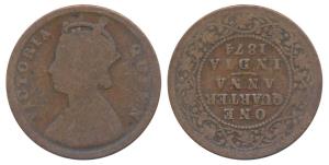 Victoria Queen, Copper ¼ Anna, 1874, inverted die axis (rev. die rotated to 6 o’clock). Fi
