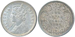 Victoria Empress, Silver 2 Annas, 1886, Calcutta Mint, B / II / C incuse, the ’C’ mint mar