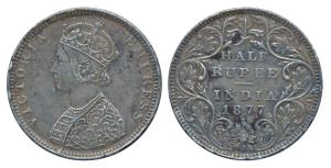 Victoria Empress, Silver ½ Rupee, 1877, Bombay Mint, B2 / II / dot (Prid 288). About Very 