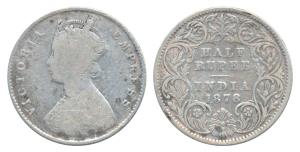 Victoria Empress, Silver ½ Rupee, 1878, Calcutta Mint, A / I / No mint mark, (Prid 262). F