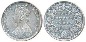 Victoria Empress, Silver ½ Rupee, 1884, Bombay Mint, A / II / no dot (Prid 293). Very Fine