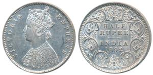 Victoria Empress, Silver ½ Rupee, 1892, Calcutta Mint, A / I / C incuse (Prid 276). About 