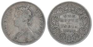 Victoria Empress, Silver Rupee, 1881, Bombay Mint, A3 / I / dot, (Prid 158). Fine+.