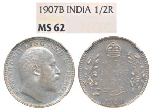 Edward VII, Silver ½ Rupee, 1907, Bombay Mint, B incuse and dot, (Prid 316). Graded By NGC