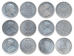 Edward VII, Silver ½ Rupee (1), 1910; George V, Silver ½ Rupee (4), 1916, 1922, 1923 & 193