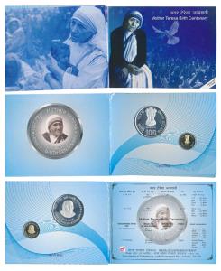 2010 Proof Set, Mother Teresa Birth Centenary, set of 2, Rupees 5 and 100. In immaculate c