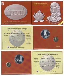 2010 Proof Set, Income Tax 150 years of building India, Chanakya, set of 2, Rupees 5 and 1