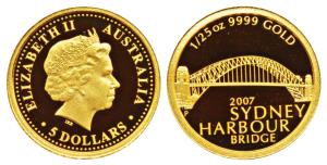 Australia, Elizabeth II, Gold 5 Dollar, 1.25g, Sydney Harbour Bridge, 2007. Proof.