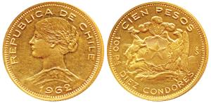 Chile, Gold 100 Pesos, 20.3g, 1962, Santiago Mint, obv. laureate bust of Liberty to left, 