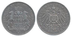 German States, Hamburg, Silver 5 Mark, 27.7g, 1903 (KM 610). Very Fine+, Rare.