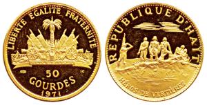 Haiti, Gold 50 Gourdes, 9.76g, obv. arms of the state, rev. 10th Anniversary of the Revolu