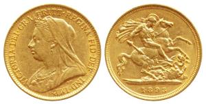 Great Britain, Victoria, Gold ½ Sovereign, 4g, 1893, veiled head bust, rev. St. George sla