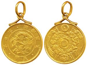 Japan, Meiji, Gold 5 Yen, 9g, Year 3, 1870 AD, obv. dragon within beaded circle, rev. unbu