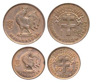 Madagascar, Bronze 1 Franc and 50 Centimes, 1943, obv. rooster to left and French Republic