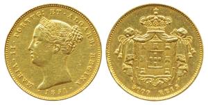 Portugal, Maria II (1834-1853 AD), Gold 5,000 Reis, 8.95g, 1851, obv. head facing left, re