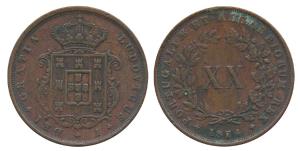 Portugal, Luis I (1861-1889 AD), Copper 20 Reis, 1874, obv. Crowned ornate arms, rev. Valu