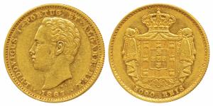 Portugal, Luis I, Gold 5,000 Reis, 8.83g, 1867, obv. head facing left, rev. crowned arms w
