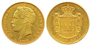 Portugal, Luis I, Gold 10,000 Reis, 17.75g, 1878, obv. head facing left, rev. crowned mant