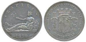 Spain, Provisional Government, Silver 5 Pesetas, 25g, 1870 (KM 655). Very Fine+, Rare.