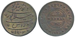 Madras / Mailapur Token, Copper, 10.23g, obv. Victoria Depot Mylapore 1903, with Madras in