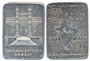 Tola Bar, Silver Ms. Manilal Chimanlal & Co, Silver 5 Tolas, 58.32g, obv. map of undivided