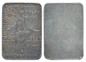 Tola Bar, Silver Ms. Manilal Chimanlal & Co, Silver 10 Tolas, 116.62g, obv. map of undivid