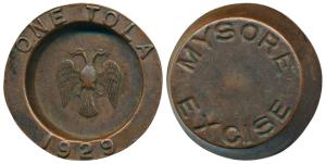 Mysore State Excise Department, Copper Tola, 11.62g, Gandabherunda with date 1929 below, a