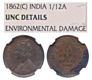 Victoria Queen, Copper 1/12 Anna, 1862, Calcutta Mint (Prid 780). Graded by NGC, UNC Detai