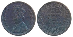 Victoria Queen, Copper ¼ Anna, 1862, Bombay Mint, 4 lace panels in jabot with a single flo
