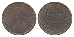 Victoria Queen, Copper ¼ Anna, 1862, Calcutta Mint, 4 lace panels in jabot with two flower