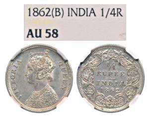 Victoria Queen, Silver ¼ Rupee, 1862, Bombay Mint, A / I / No mint mark, (Prid 377). Grade