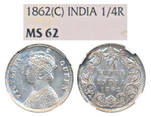 Victoria Queen, Silver ¼ Rupee, 1862, Calcutta Mint, A / I, No mint mark (Prid 376). Grade
