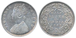 Victoria Queen, Silver ½ Rupee, 1862, Madras Mint, B2 / II, Elongated pearls in the crown 