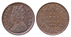 Victoria Queen, Copper 1/12 Anna, 1875, Calcutta Mint (Prid 784). Extremely Fine, Rare.