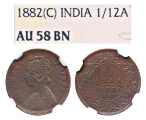 Victoria Empress, Copper 1/12 Anna, 1882, Calcutta Mint (Prid 788). Graded by NGC AU58BN.