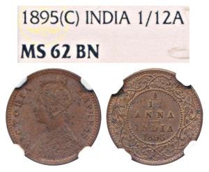 Victoria Empress, Copper 1/12 Anna, 1895, Calcutta Mint (Prid 800). Graded by NGC MS62BN.