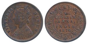 Victoria Queen, Copper ¼ Anna, 1876, Calcutta Mint, V raised (Prid 610). Very Fine+. Rare.