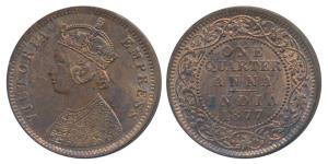 Victoria Empress, Copper ¼ Anna, 1877, Calcutta Mint, (Prid 611). About Uncirculated. Rare