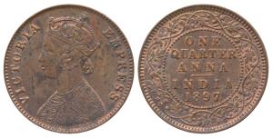 Victoria Empress, Copper ¼ Anna, 1897, Calcutta Mint (Prid 630). Mint State.