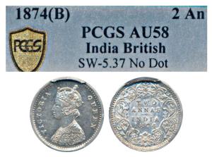 Victoria Queen, Silver 2 Annas, 1874, Bombay Mint, A / I / No mint mark, (Prid 516). Grade