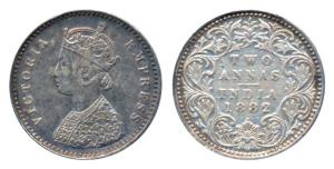 Victoria Empress, Silver 2 Annas, 1882, Bombay Mint, A / II / dot (Prid 526). About Extrem
