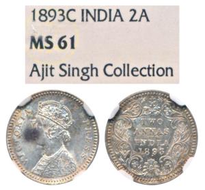 Victoria Empress, Silver 2 Annas, 1893, Calcutta Mint, B / II / C incuse (Prid 508). Grade