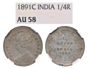 Victoria Empress, Silver ¼ Rupee, 1891, Calcutta Mint, C / II / C incuse (Prid 396). Grade