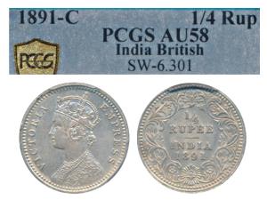 Victoria Empress, Silver ¼ Rupee, 1891, Calcutta Mint, C / II / C incuse (Prid 396). Grade
