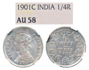 Victoria Empress, Silver ¼ Rupee, 1901, Calcutta Mint, C / II / C incuse, (Prid 404). Grad