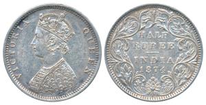 Victoria Queen, Silver ½ Rupee, 1874, Bombay Mint, B1 / II / dot (Prid 284). Very Fine+, R