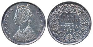 Victoria Queen, Silver ½ Rupee, 1875, Calcutta Mint, A / I No mint mark, (Prid 260). About