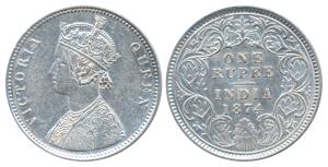 Victoria Queen, Silver Rupee, 1874, Calcutta Mint, A1 / I / No mint mark (Prid 112). About